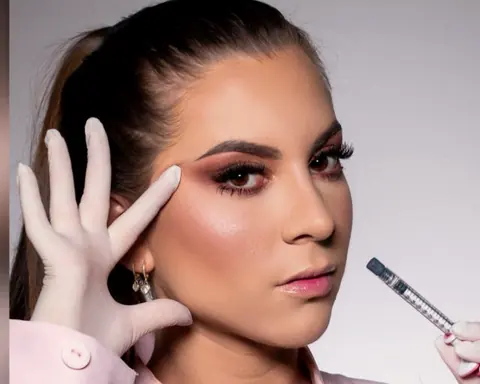 A Dra. Bárbara de luvas, com a seringa de aplicação